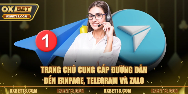 Trang chủ cung cấp đường dẫn đến fanpage, Telegram và Zalo